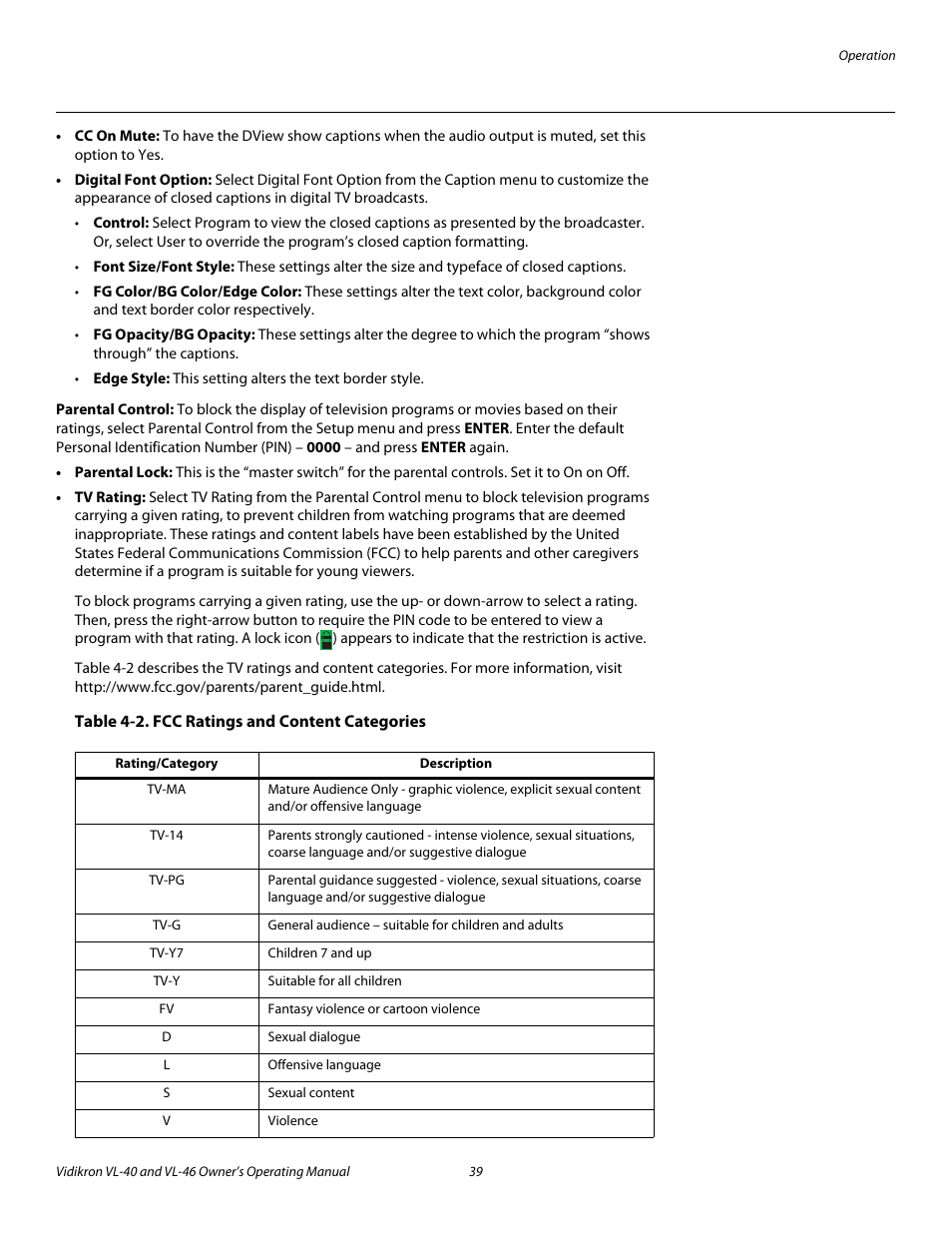 Parental control, Table 4-2 . fcc ratings and content categories, Pre l iminar y | Vidikron VL-46 User Manual | Page 49 / 76