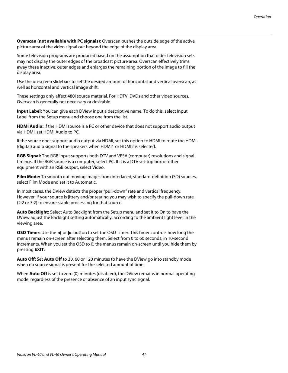 Overscan (not available with pc signals), Input label, Hdmi audio | Rgb signal, Film mode, Auto backlight, Osd timer, Auto off, Pre l iminar y | Vidikron VL-46 User Manual | Page 51 / 76
