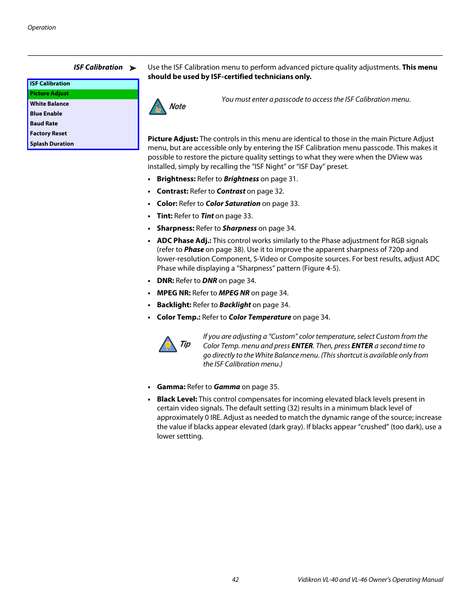 Isf calibration, Picture adjust, Pre l iminar y | Vidikron VL-46 User Manual | Page 52 / 76