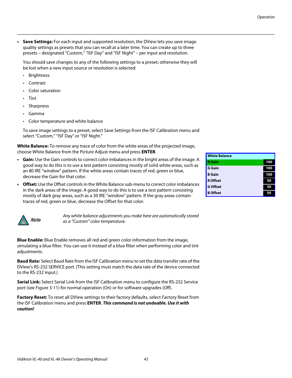 White balance, Blue enable, Baud rate | Serial link, Factory reset, Pre l iminar y | Vidikron VL-46 User Manual | Page 53 / 76