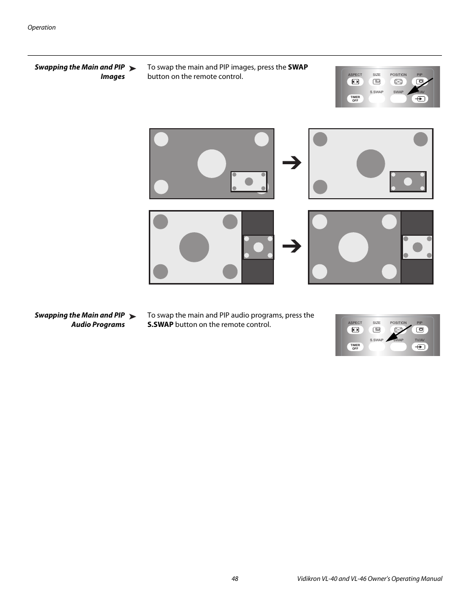 Swapping the main and pip images, Swapping the main and pip audio programs, Iminar | Pre l iminar y | Vidikron VL-46 User Manual | Page 58 / 76