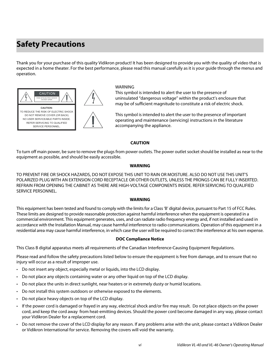 Safety precautions, Pre l iminar y | Vidikron VL-46 User Manual | Page 6 / 76