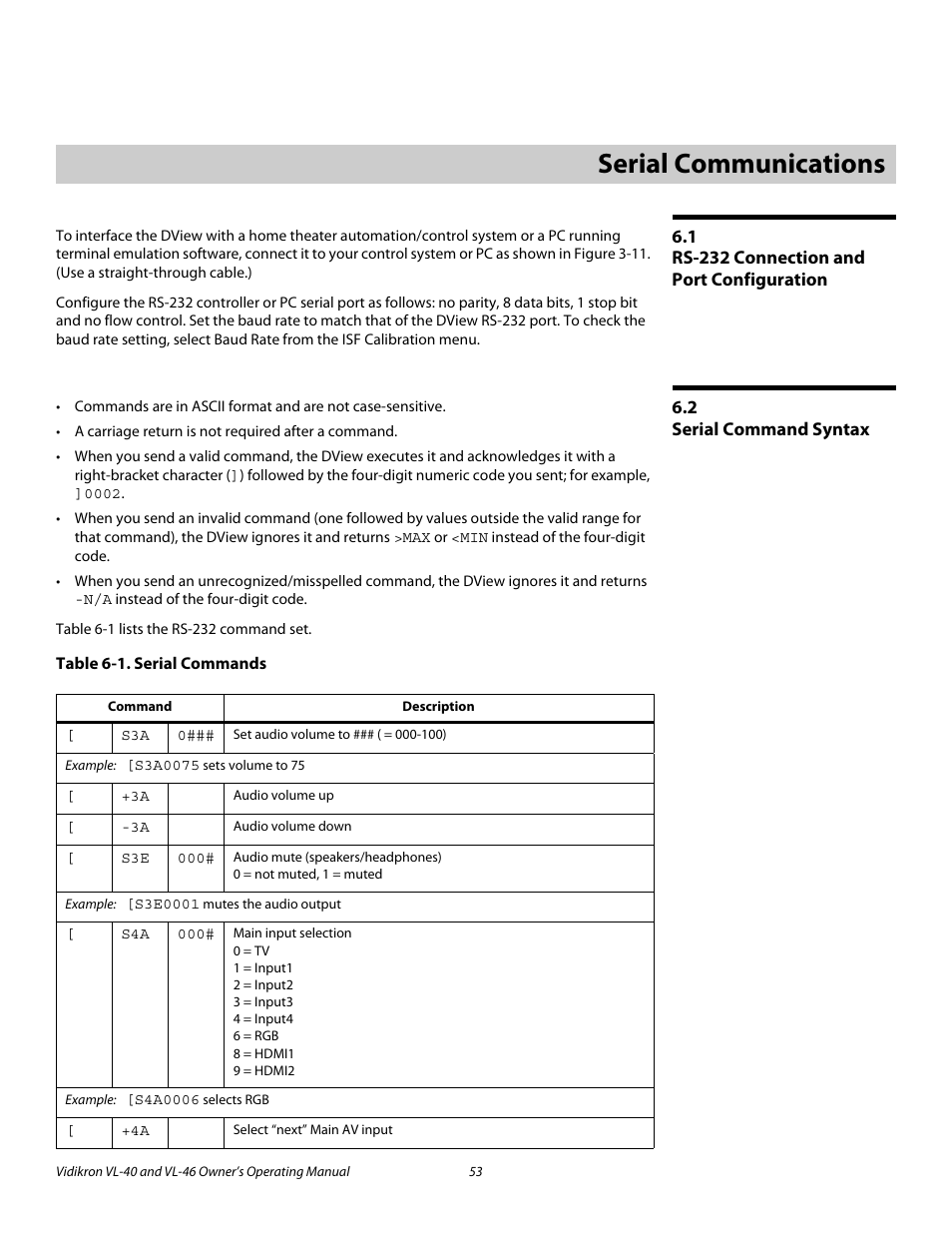 6 serial communications, 1 rs-232 connection and port configuration, 2 serial command syntax | Table 6-1 . serial commands, Serial communications, Rs-232 connection and port configuration, Serial command syntax, Pre l iminar y | Vidikron VL-46 User Manual | Page 63 / 76