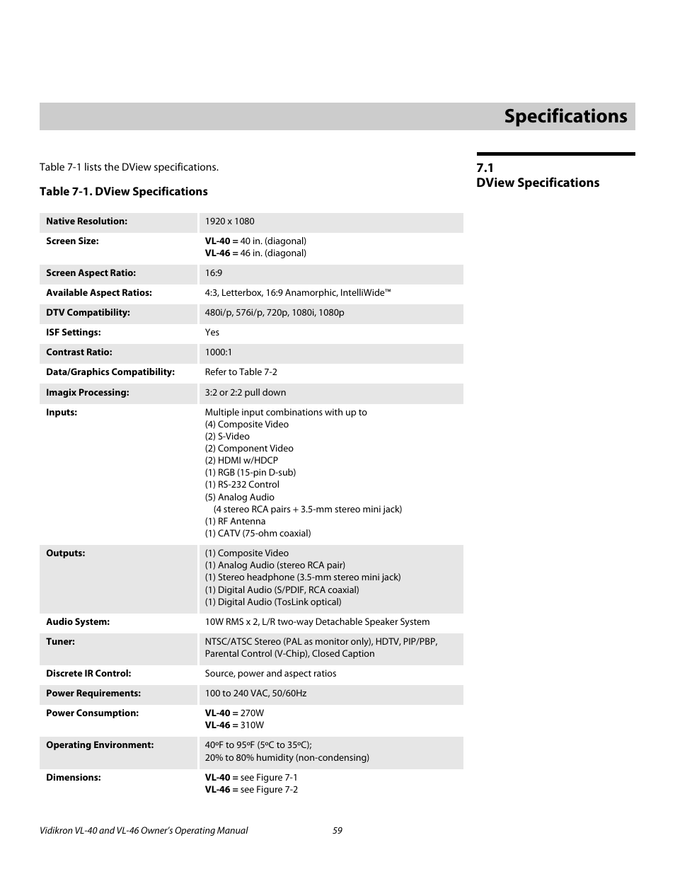 7 specifications, 1 dview specifications, Table 7-1 . dview specifications | Specifications, Dview specifications, Pre l iminar y | Vidikron VL-46 User Manual | Page 69 / 76