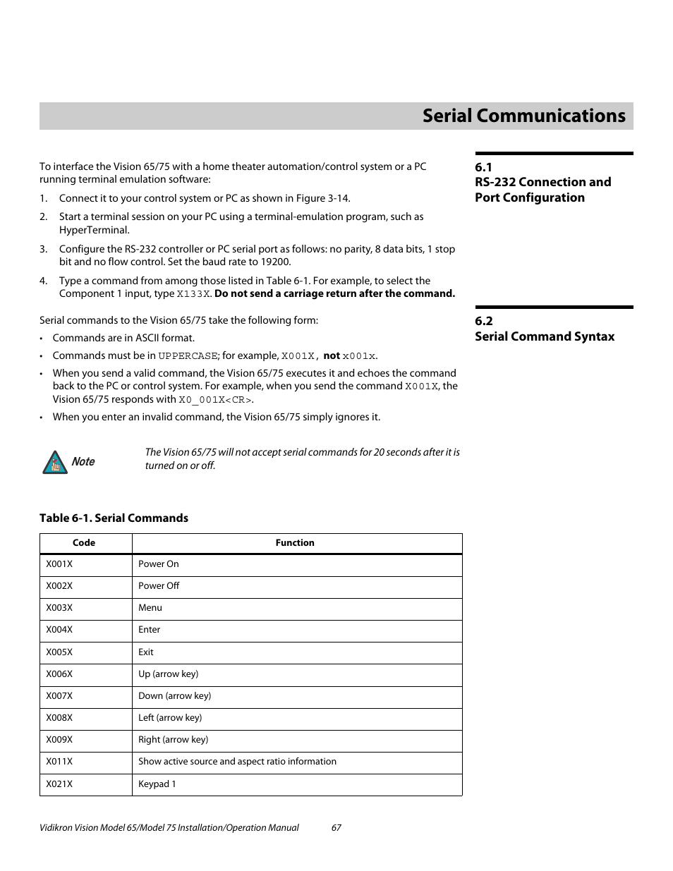 6 serial communications, 1 rs-232 connection and port configuration, 2 serial command syntax | Table 6-1 . serial commands, Serial communications, Rs-232 connection and port configuration, Serial command syntax | Vidikron Vision 75 User Manual | Page 83 / 96