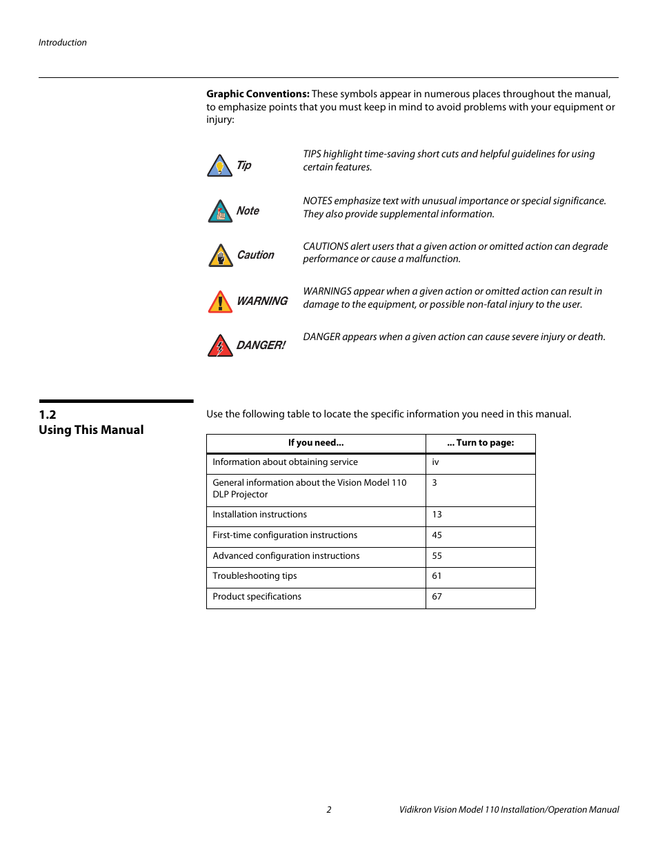 Graphic conventions, 2 using this manual, Using this manual | Pre l iminar y | Vidikron Vision 110 User Manual | Page 16 / 88