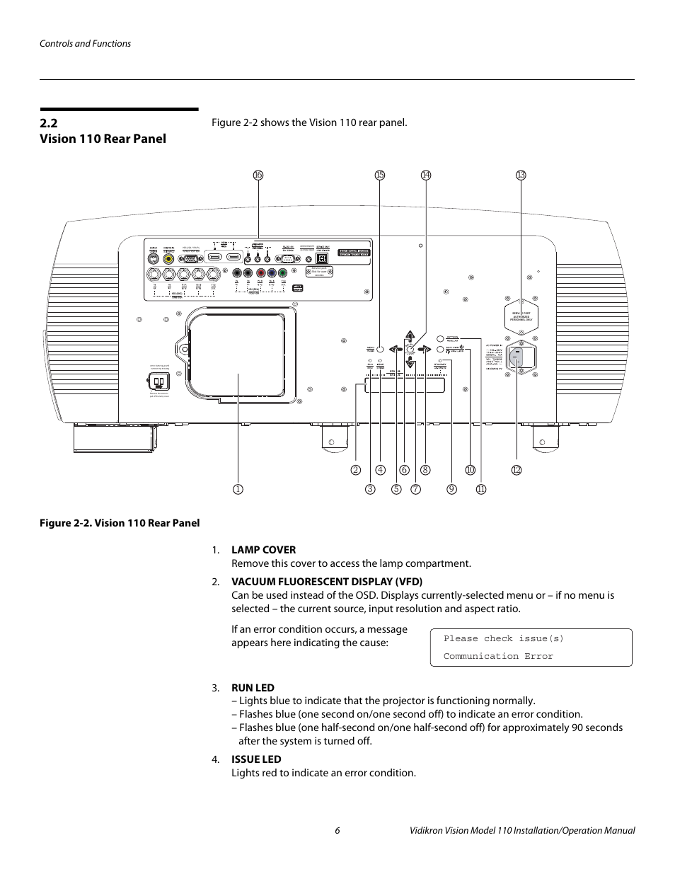 2 vision 110 rear panel, Figure 2-2 . vision 110 rear panel, Vision 110 rear panel | 2. vision 110 rear panel, Pre l iminar y | Vidikron Vision 110 User Manual | Page 20 / 88