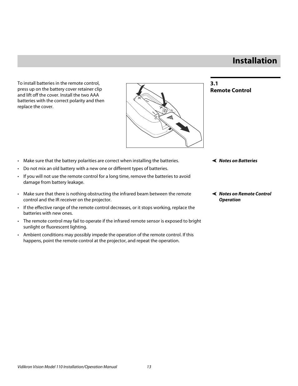 3 installation, 1 remote control, Notes on batteries | Notes on remote control operation, Installation, Remote control, Pre l iminar y | Vidikron Vision 110 User Manual | Page 27 / 88