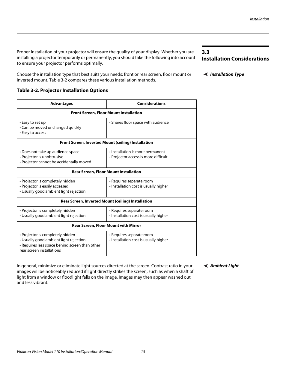 3 installation considerations, Installation type, Table 3-2 . projector installation options | Ambient light, Installation considerations, Pre l iminar y | Vidikron Vision 110 User Manual | Page 29 / 88