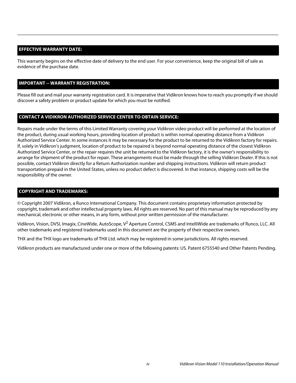 Pre l iminar y | Vidikron Vision 110 User Manual | Page 4 / 88