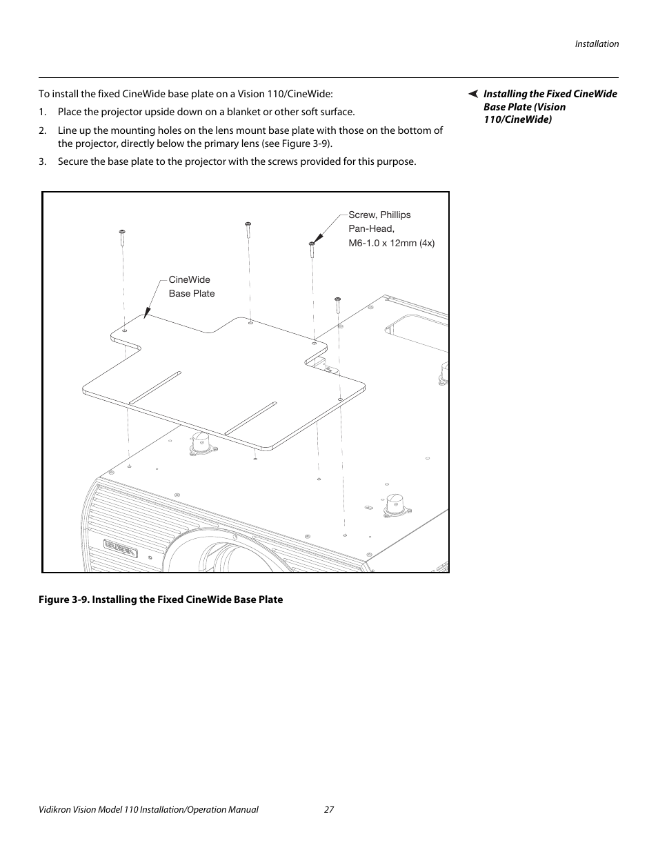 9. installing the fixed cinewide base plate, Pre l iminar y | Vidikron Vision 110 User Manual | Page 41 / 88