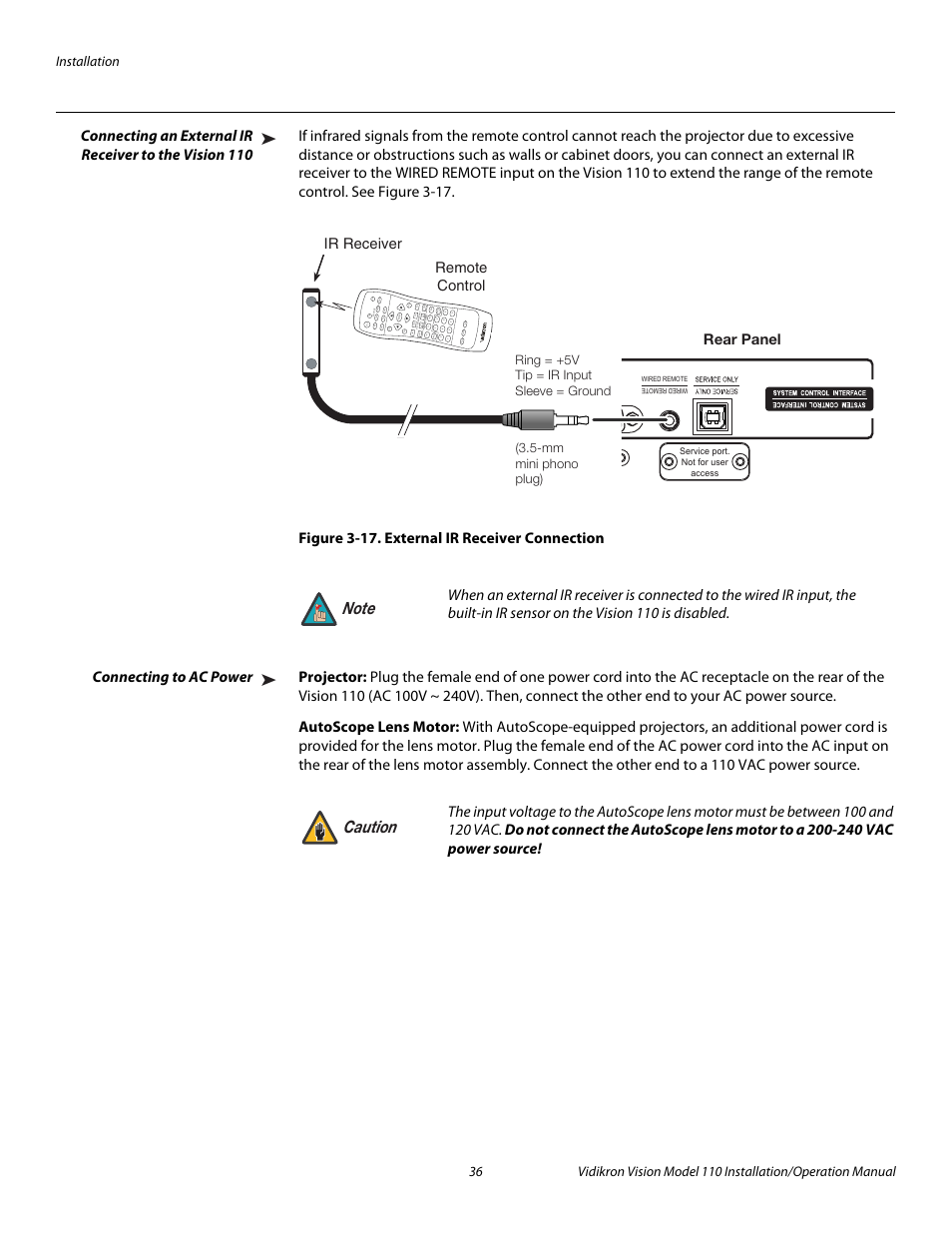 Figure 3-17 . external ir receiver connection, Connecting to ac power, Projector | Autoscope lens motor, 17. external ir receiver connection, Pre l iminar y | Vidikron Vision 110 User Manual | Page 50 / 88