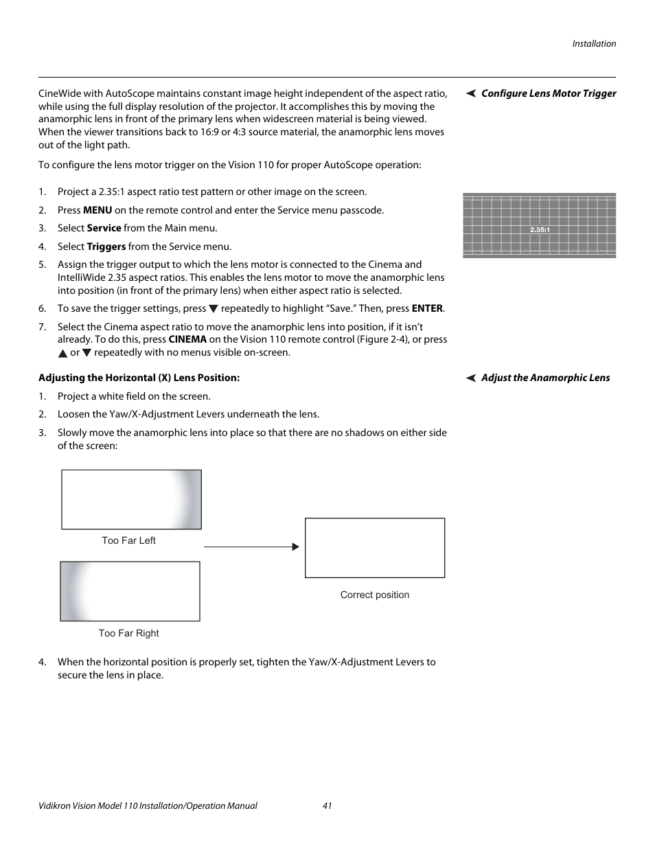 Configure lens motor trigger, Adjust the anamorphic lens, Adjusting the horizontal (x) lens position | Pre l iminar y | Vidikron Vision 110 User Manual | Page 55 / 88