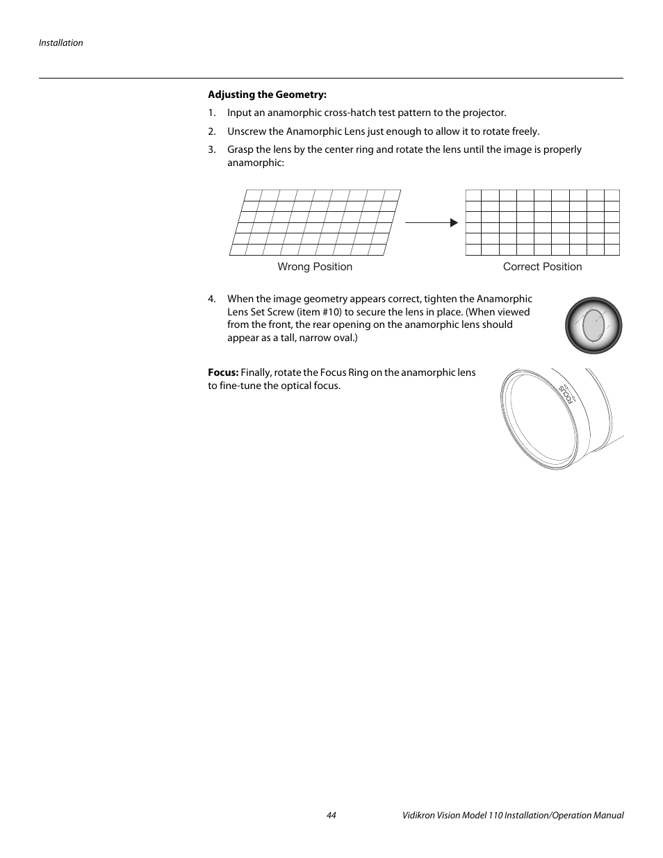 Adjusting the geometry, Focus, Pre l iminar y | Vidikron Vision 110 User Manual | Page 58 / 88