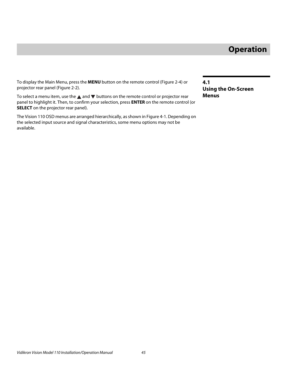 4 operation, 1 using the on-screen menus, Operation | Using the on-screen menus, Pre l iminar y | Vidikron Vision 110 User Manual | Page 59 / 88