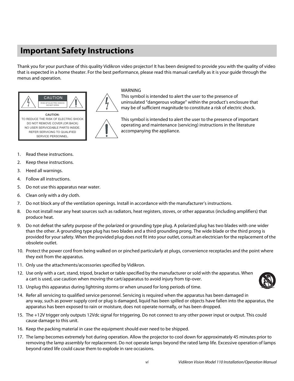 Important safety instructions, Pre l iminar y | Vidikron Vision 110 User Manual | Page 6 / 88