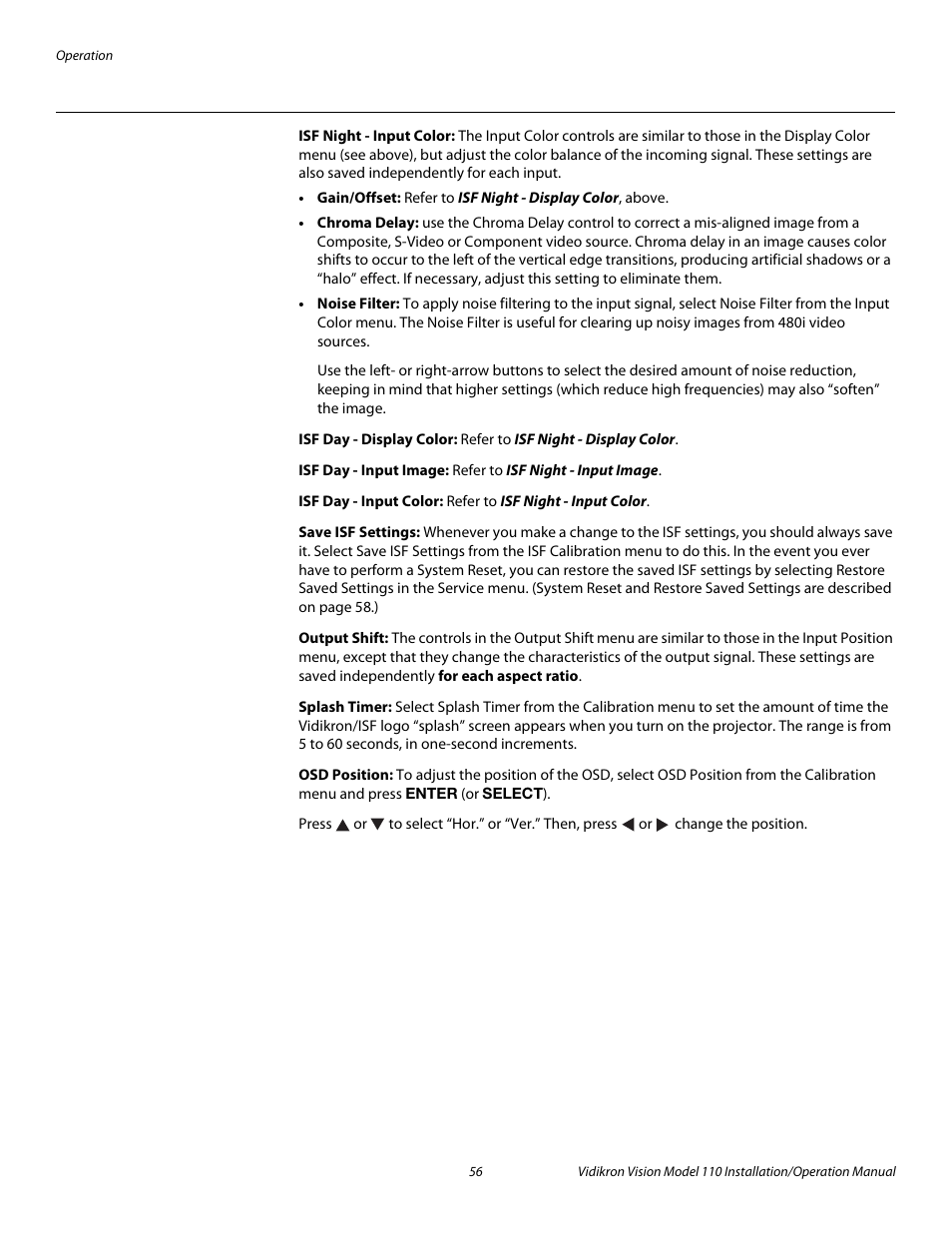 Isf night - input color, Isf day - display color, Isf day - input image | Isf day - input color, Save isf settings, Output shift, Splash timer, Osd position, Pre l iminar y | Vidikron Vision 110 User Manual | Page 70 / 88