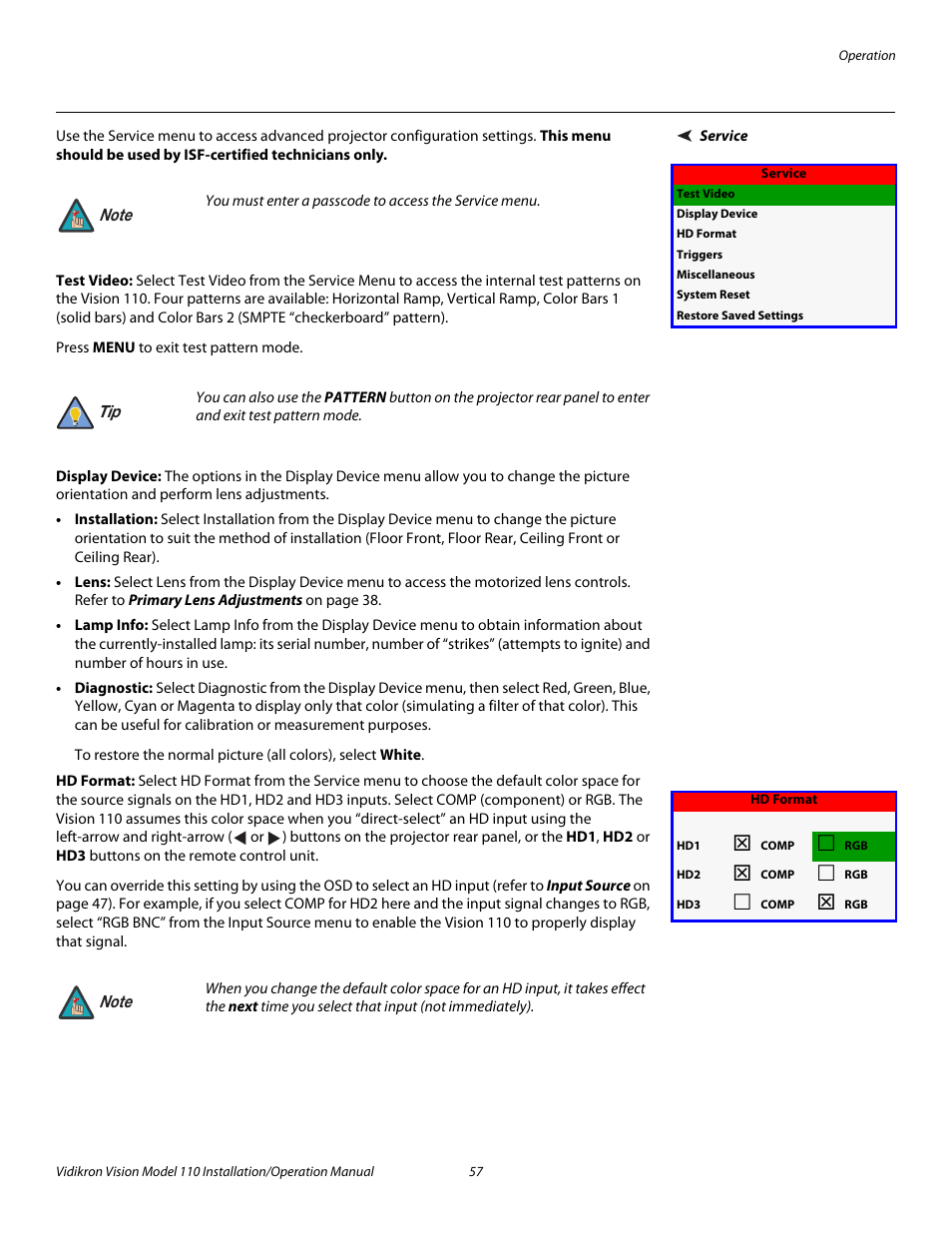 Service, Test video, Display device | Hd format, Pre l iminar y | Vidikron Vision 110 User Manual | Page 71 / 88