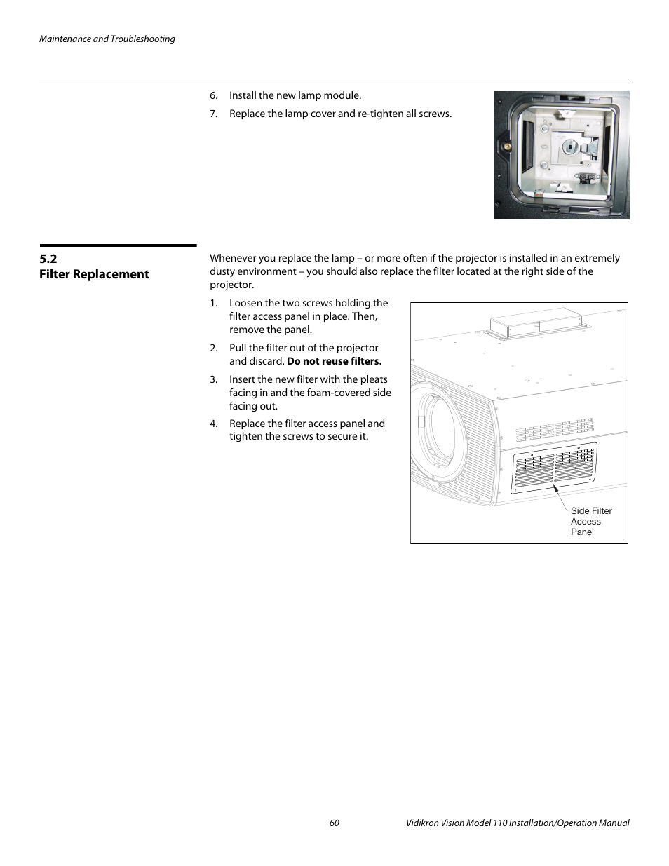 2 filter replacement, Filter replacement, Pre l iminar y | Vidikron Vision 110 User Manual | Page 74 / 88