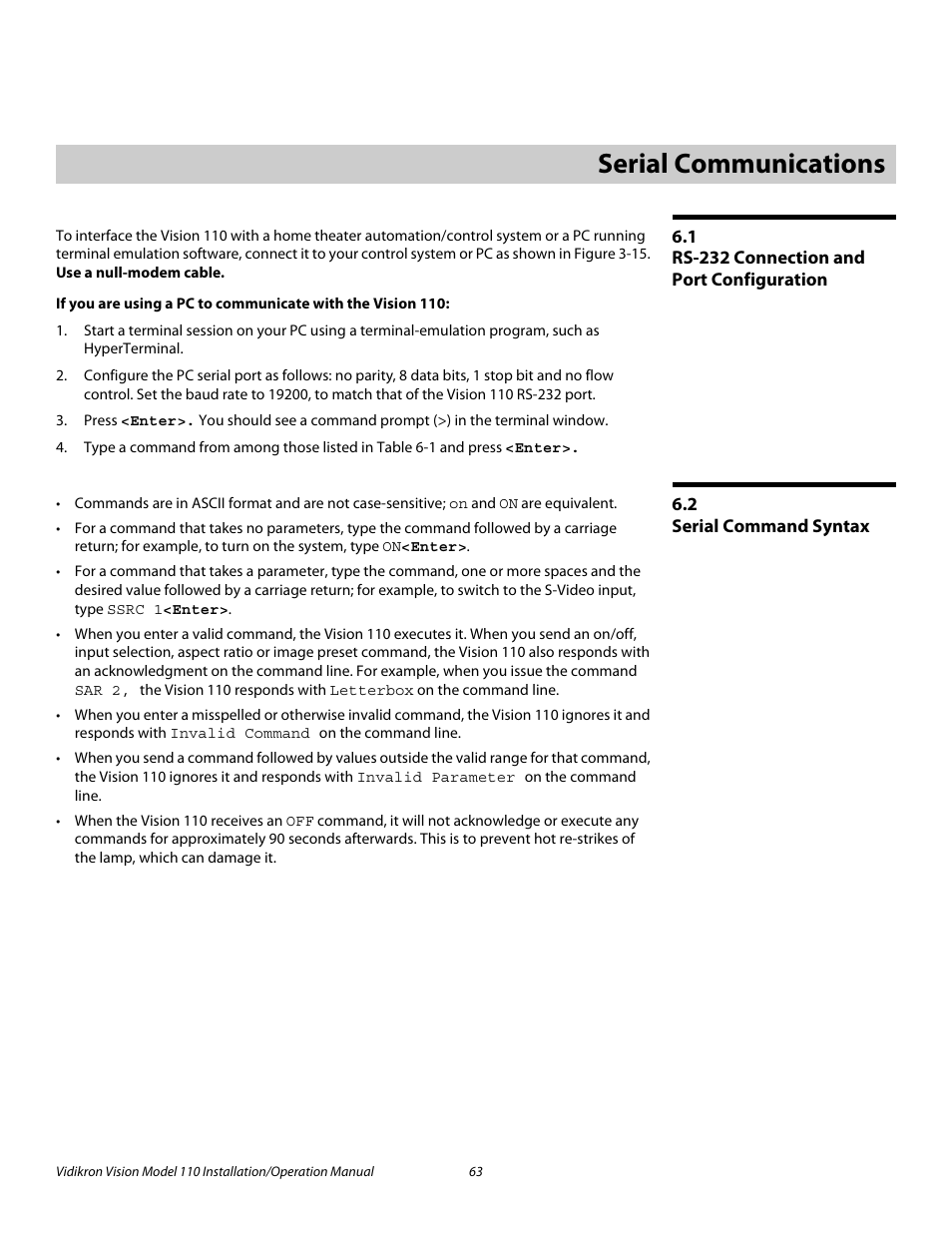 6 serial communications, 1 rs-232 connection and port configuration, 2 serial command syntax | Serial communications, Rs-232 connection and port configuration, Serial command syntax, Pre l iminar y | Vidikron Vision 110 User Manual | Page 77 / 88