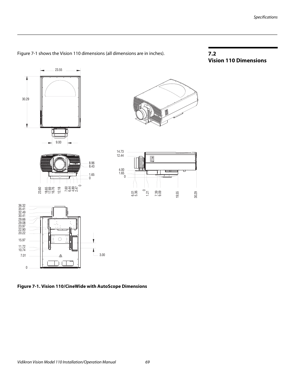 2 vision 110 dimensions, Vision 110 dimensions, 1. vision 110/cinewide with autoscope dimensions | Pre l iminar y | Vidikron Vision 110 User Manual | Page 83 / 88