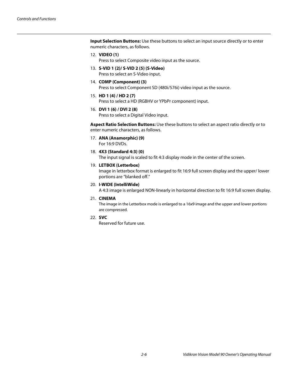 Input selection buttons, Aspect ratio selection buttons | Vidikron 90 User Manual | Page 20 / 60