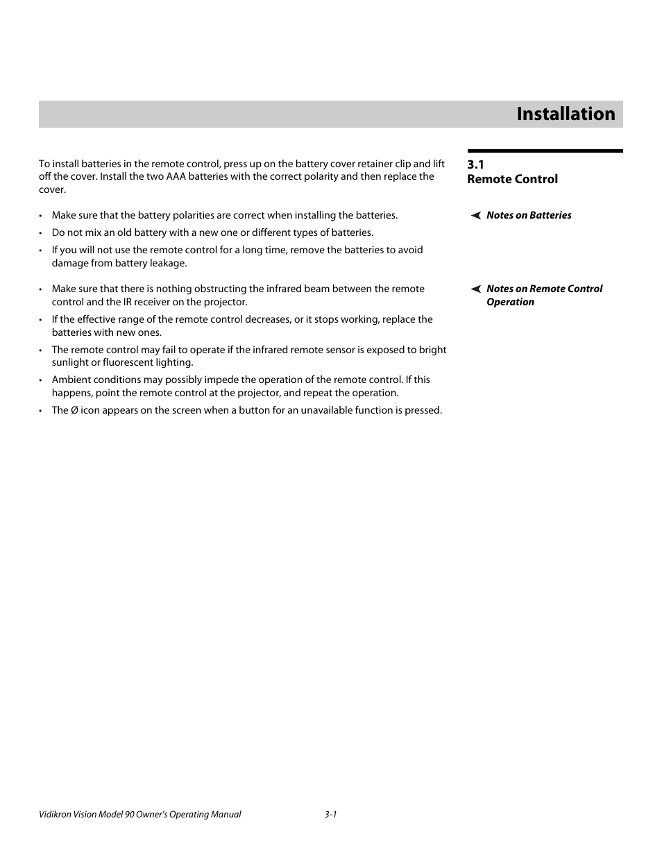 3 installation, 1 remote control, Notes on batteries | Notes on remote control operation, Installation -1, Remote control -1, Notes on batteries -1, Notes on remote control operation -1, Installation | Vidikron 90 User Manual | Page 21 / 60