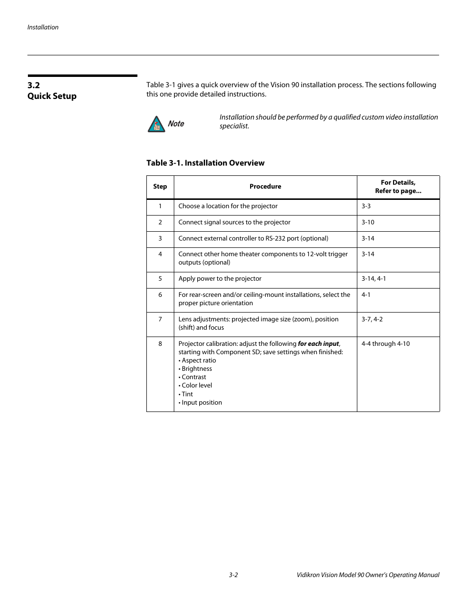 2 quick setup, Table 3-1 . installation overview, Quick setup -2 | Vidikron 90 User Manual | Page 22 / 60