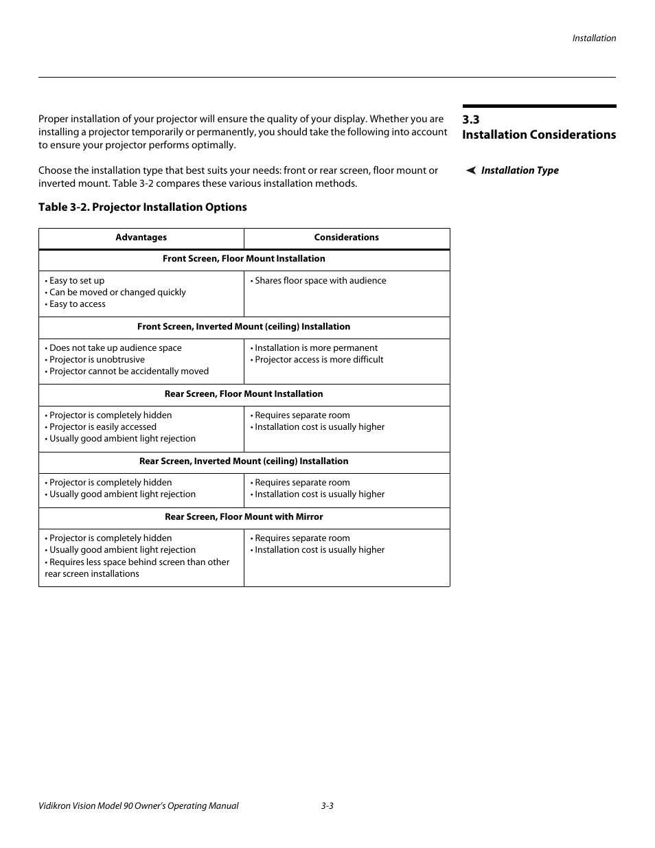 3 installation considerations, Installation type, Table 3-2 . projector installation options | Installation considerations -3, Installation type -3 | Vidikron 90 User Manual | Page 23 / 60