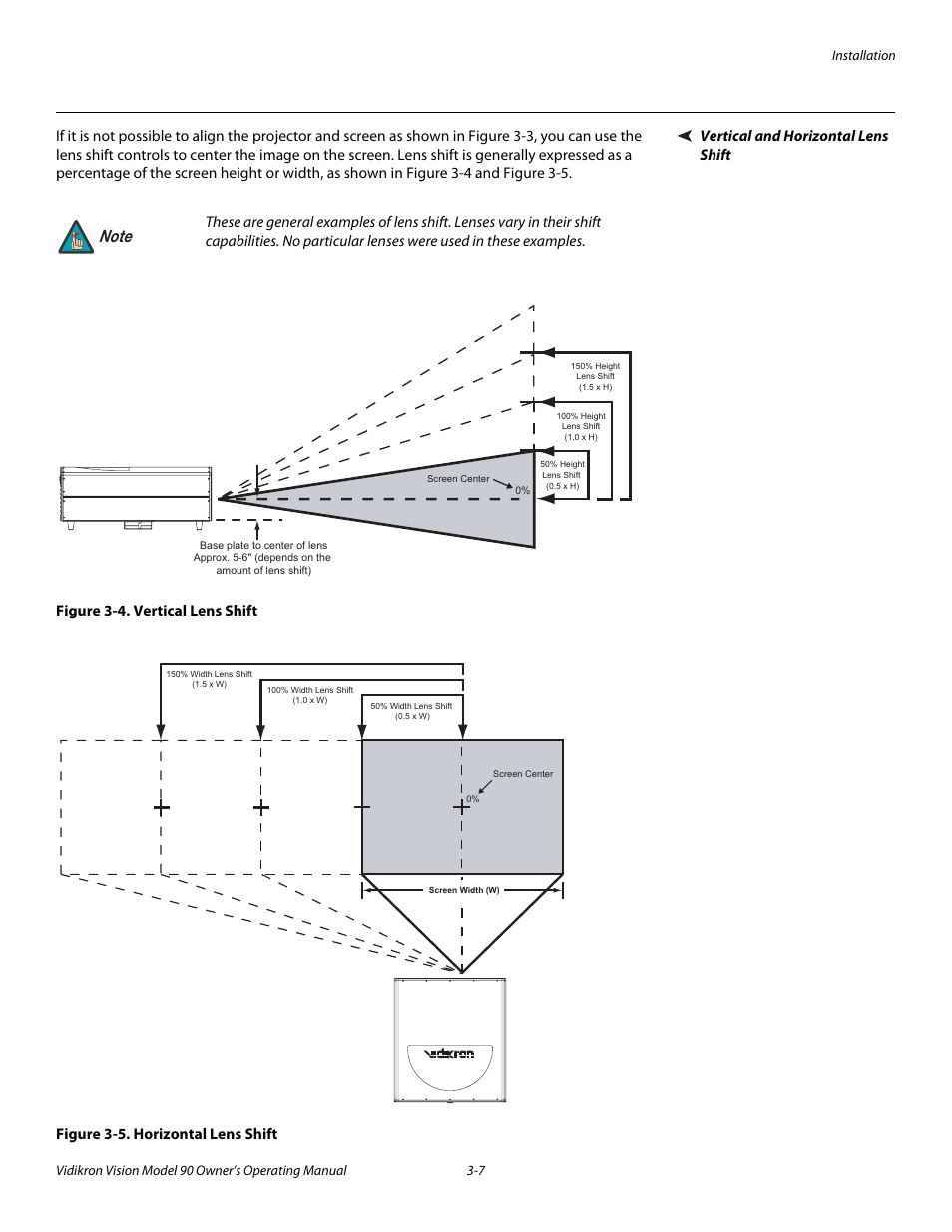 Vertical and horizontal lens shift, Figure 3-4 . vertical lens shift, Figure 3-5 . horizontal lens shift | Vertical and horizontal lens shift -7, 4. vertical lens shift -7, 5. horizontal lens shift -7 | Vidikron 90 User Manual | Page 27 / 60