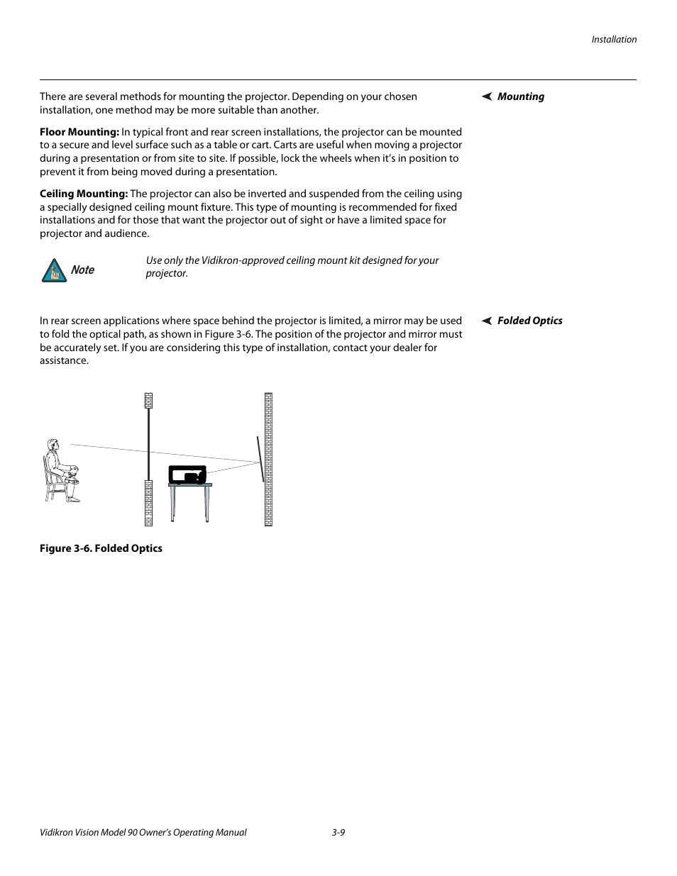 Mounting, Floor mounting, Ceiling mounting | Folded optics, Figure 3-6 . folded optics, Mounting -9, Folded optics -9, 6. folded optics -9 | Vidikron 90 User Manual | Page 29 / 60