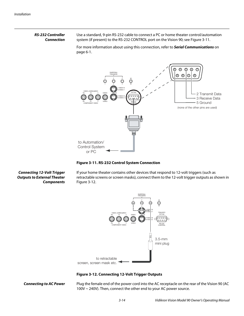 Rs-232 controller connection, Figure 3-11 . rs-232 control system connection, Figure 3-12 . connecting 12-volt trigger outputs | Connecting to ac power, Rs-232 controller connection -14, Connecting to ac power -14, 11. rs-232 control system connection -14, 12. connecting 12-volt trigger outputs -14, 2 transmit data 3 receive data 5 ground | Vidikron 90 User Manual | Page 34 / 60