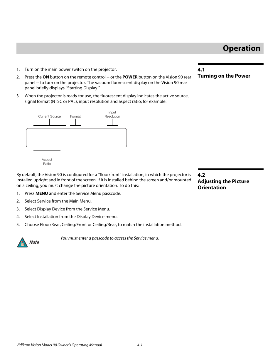 4 operation, 1 turning on the power, 2 adjusting the picture orientation | Operation -1, Turning on the power -1, Adjusting the picture orientation -1, Operation | Vidikron 90 User Manual | Page 35 / 60