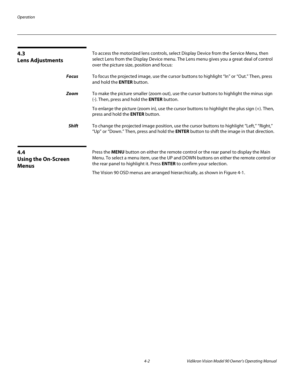 3 lens adjustments, Focus, Zoom | Shift, 4 using the on-screen menus, Lens adjustments -2, Focus -2, Zoom -2, Shift -2, Using the on-screen menus -2 | Vidikron 90 User Manual | Page 36 / 60