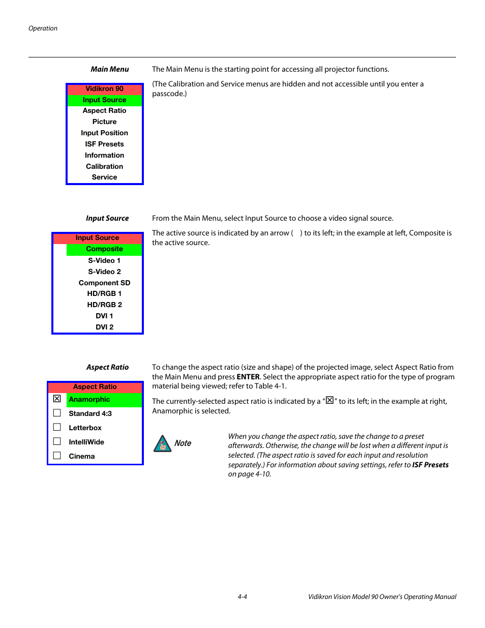 Main menu, Input source, Aspect ratio | Main menu -4, Input source -4, Aspect ratio -4, 4 through 4 | Vidikron 90 User Manual | Page 38 / 60