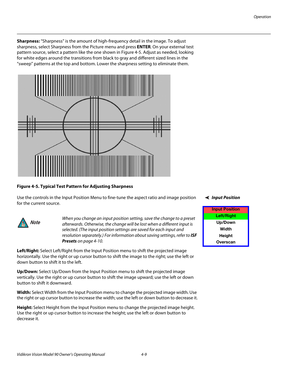 Sharpness, Input position, Left/right | Up/down, Width, Height, Input position -9, 5. typical test pattern for adjusting sharpness -9 | Vidikron 90 User Manual | Page 43 / 60