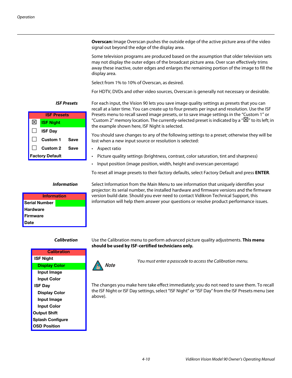 Overscan, Isf presets, Information | Calibration, Isf presets -10, Information -10, Calibration -10 | Vidikron 90 User Manual | Page 44 / 60