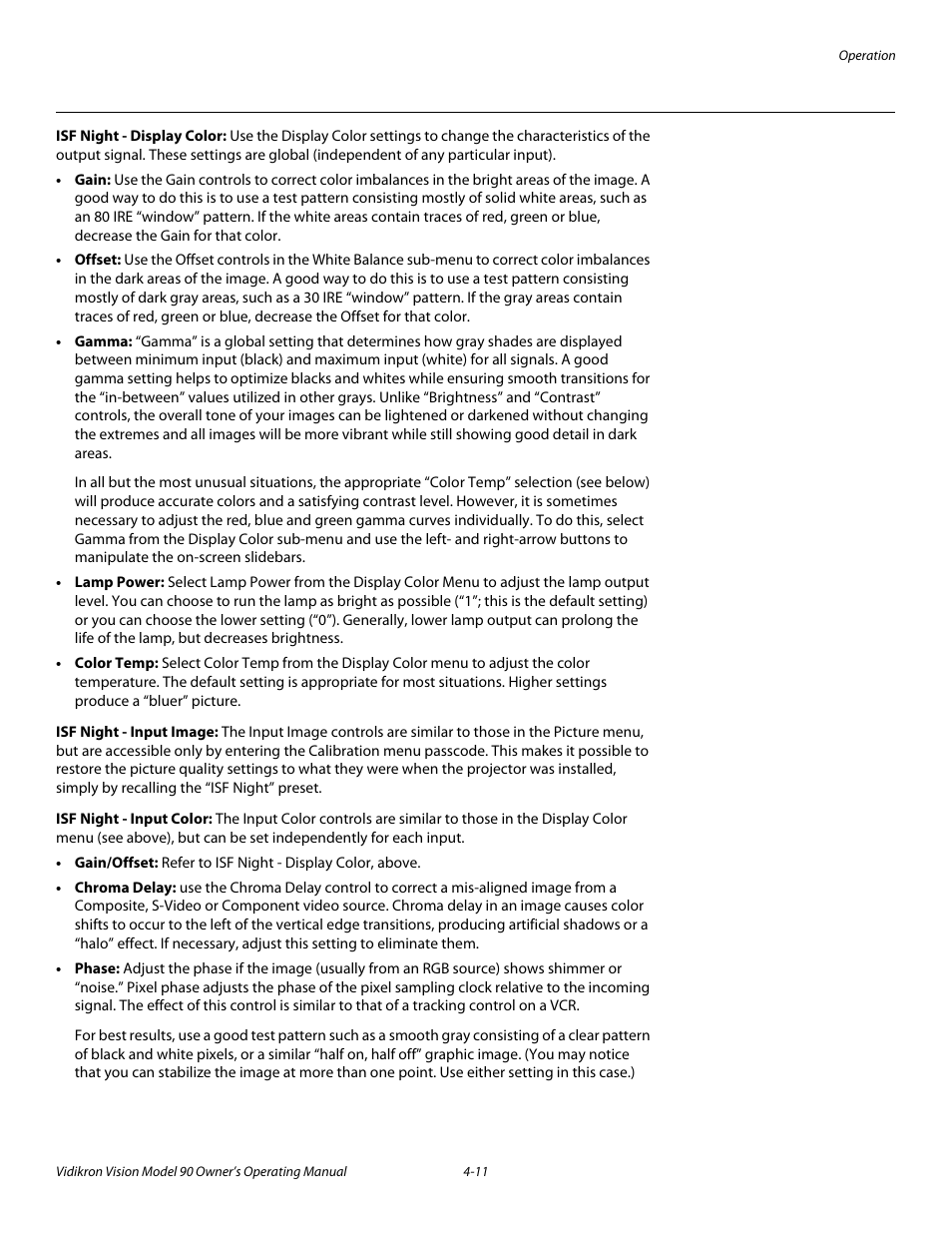 Isf night - display color, Isf night - input image, Isf night - input color | Vidikron 90 User Manual | Page 45 / 60