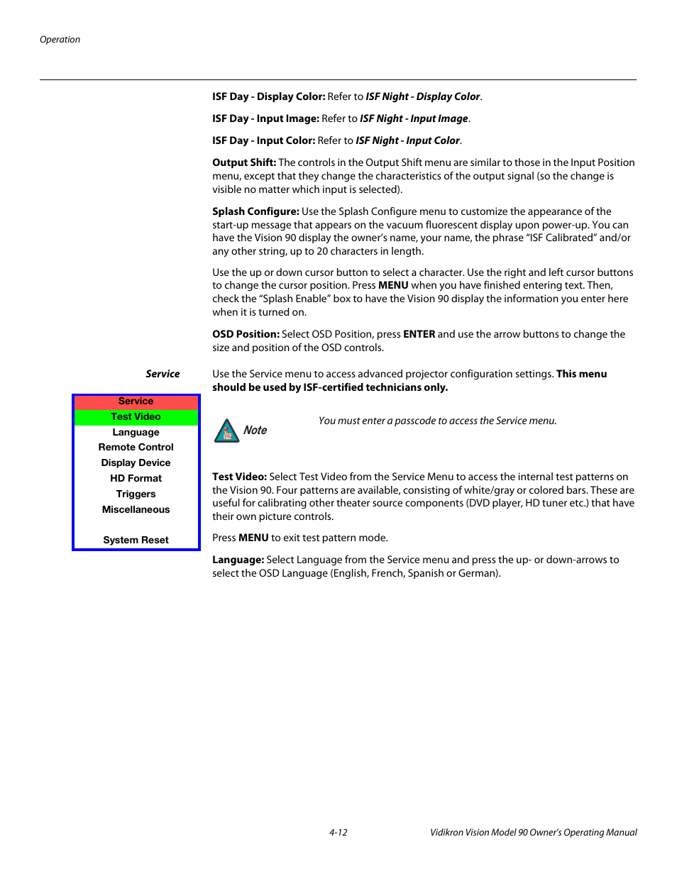 Isf day - display color, Isf day - input image, Isf day - input color | Output shift, Splash configure, Osd position, Service, Test video, Language, Service -12 | Vidikron 90 User Manual | Page 46 / 60