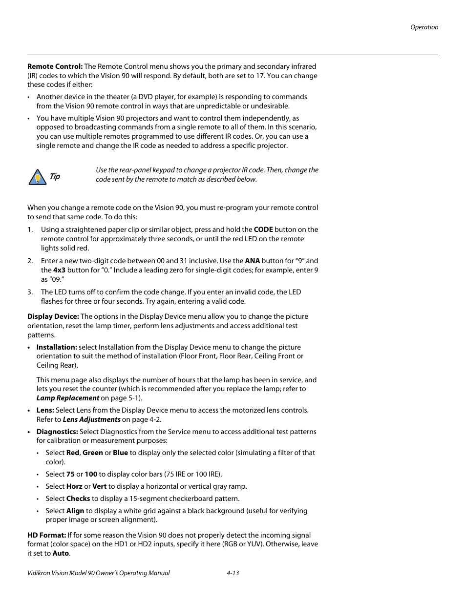 Remote control, Display device, Hd format | Vidikron 90 User Manual | Page 47 / 60