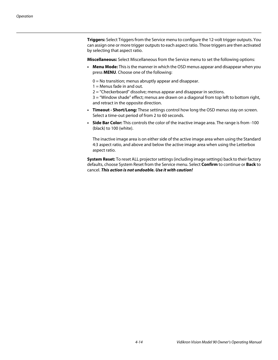 Triggers, Miscellaneous, System reset | Vidikron 90 User Manual | Page 48 / 60