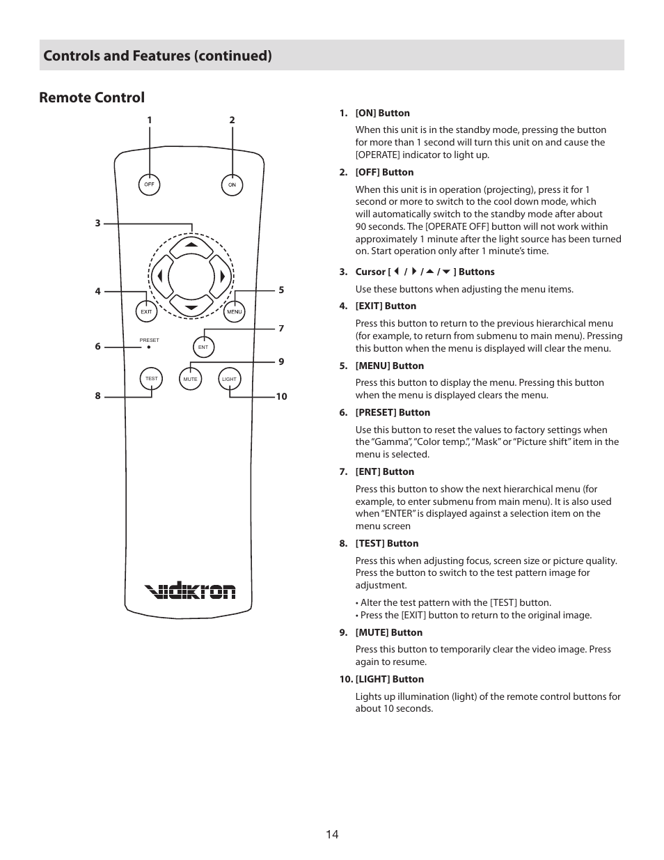 Remote control, Remote control controls and features (continued) | Vidikron D-ILA 80 User Manual | Page 14 / 40