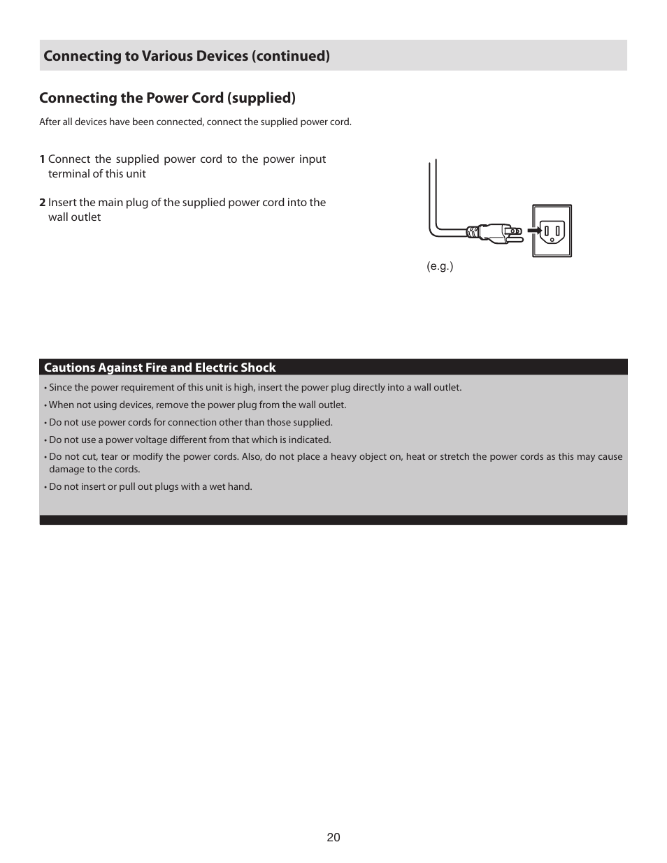 Connecting the power cord (supplied) | Vidikron D-ILA 80 User Manual | Page 20 / 40
