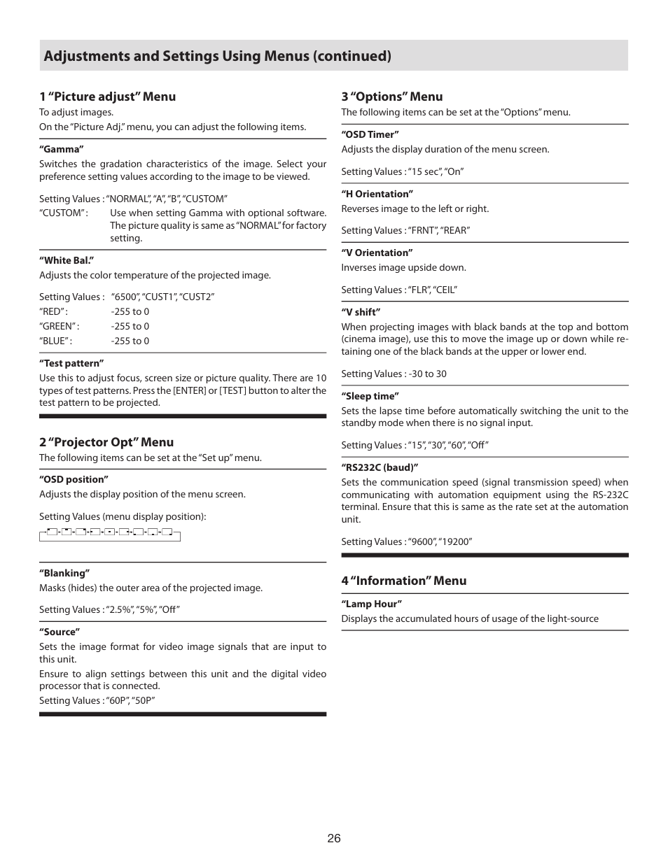 Adjustments and settings using menus (continued) | Vidikron D-ILA 80 User Manual | Page 26 / 40