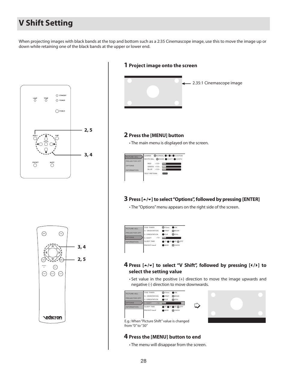V shift setting, Project image onto the screen, Press the [menu] button | Press the [menu] button to end, 1 cinemascope image, The main menu is displayed on the screen | Vidikron D-ILA 80 User Manual | Page 28 / 40
