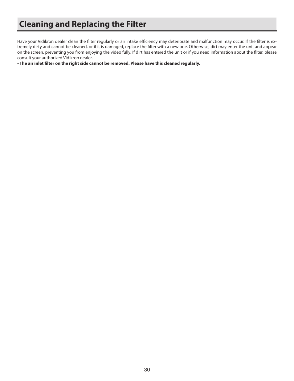 Cleaning and replacing the filter | Vidikron D-ILA 80 User Manual | Page 30 / 40