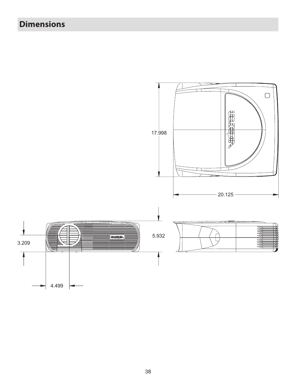 Dimensions | Vidikron D-ILA 80 User Manual | Page 38 / 40