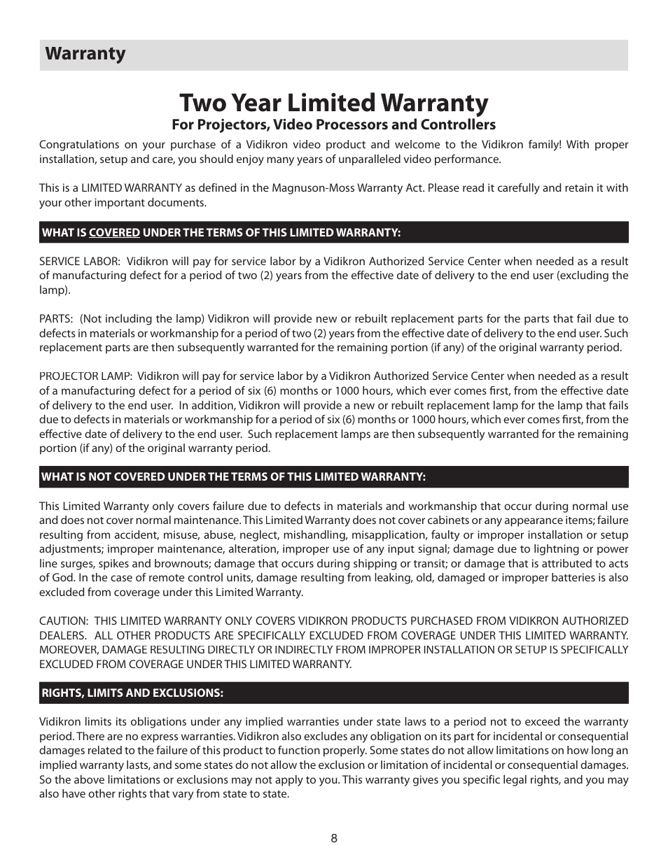 Warranty, Two year limited warranty | Vidikron D-ILA 80 User Manual | Page 8 / 40