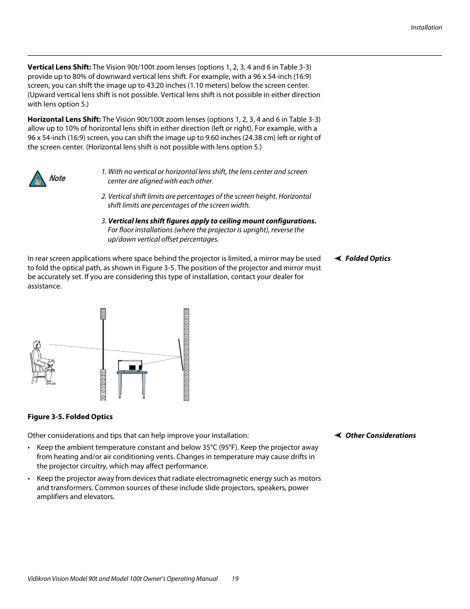 Vertical lens shift, Horizontal lens shift, Folded optics | Figure 3-5 . folded optics, Other considerations, 5. folded optics | Vidikron Vision 90t User Manual | Page 29 / 76