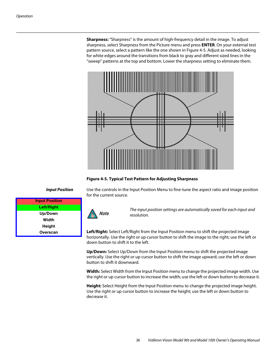 Sharpness, Input position, Left/right | Up/down, Width, Height, 5. typical test pattern for adjusting sharpness | Vidikron Vision 90t User Manual | Page 46 / 76